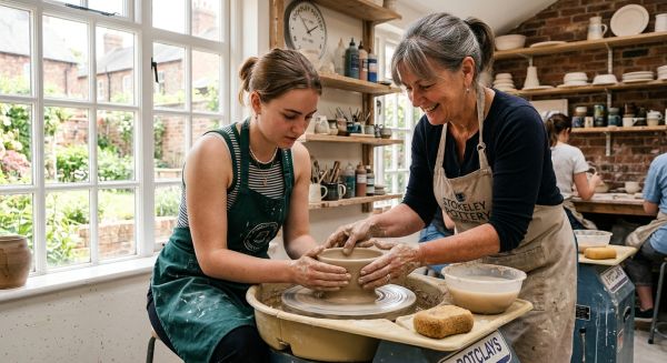 Instructor helping a student spin clay on a pottery wheel